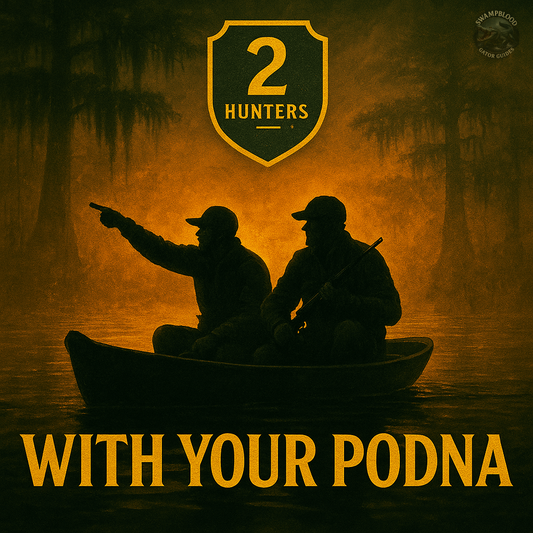 Two hunters in a boat with a dark background and text overlay.