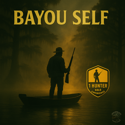 Silhouette of a person in a boat with 'Bayou Self' text and logo in the background