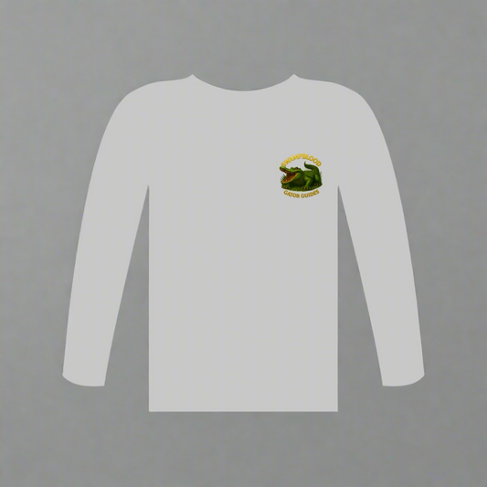 White long-sleeve shirt with a swampblood gator guides logo on a white background