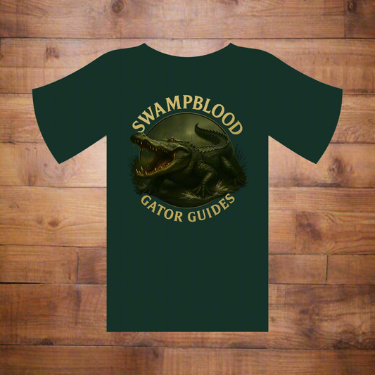 Green t-shirt with alligator graphic and 'Swampblood Gator Guides' text on a white background