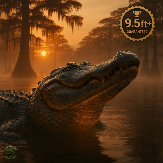 Alligator in a swamp with a sunset in the background and a size guarantee badge overlay.