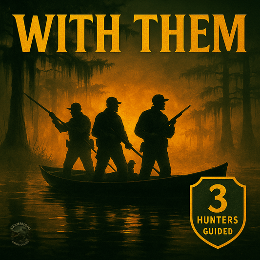 Three hunters in a boat at dawn on a Louisiana swamp — “With Them” 3-person guided alligator hunt by Swamp Blood Gator Guides
